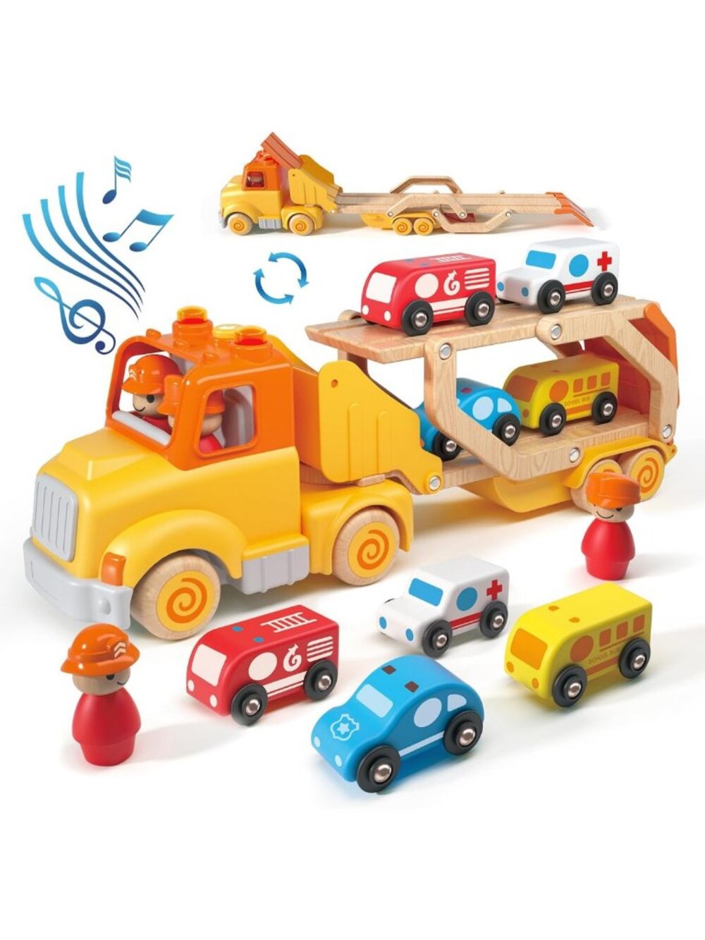 Transport Carrier Truck Toy with 4 Wooden Cars, Light & Sound, Perfect Gift for